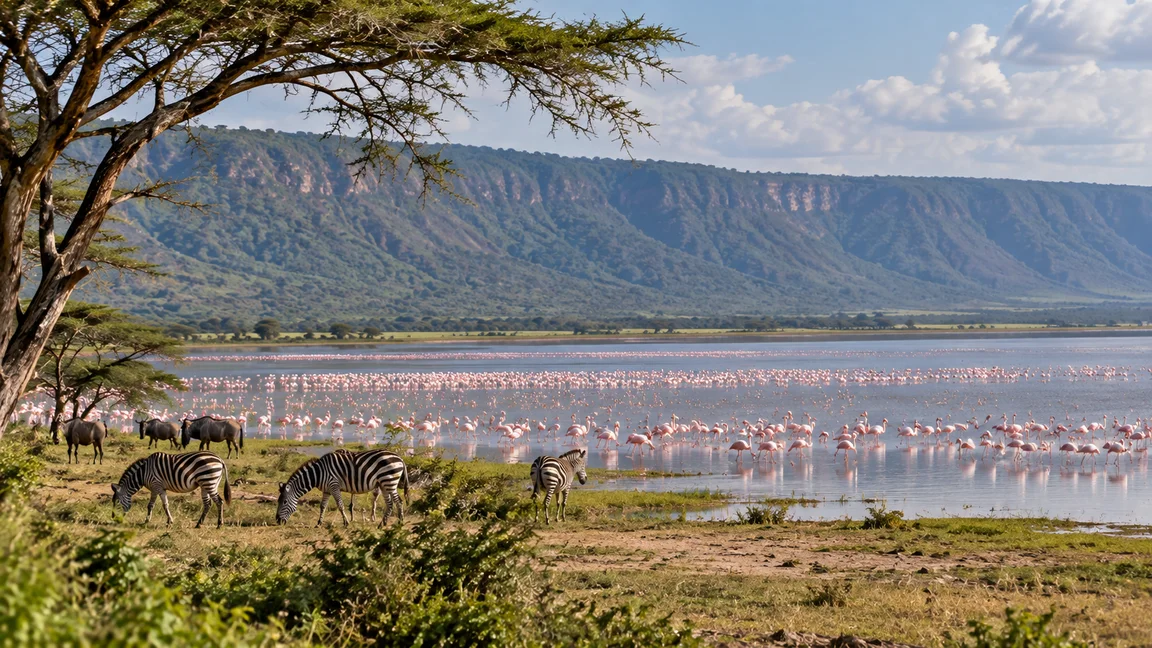 Flamingos on a lake with zebras along the shore.