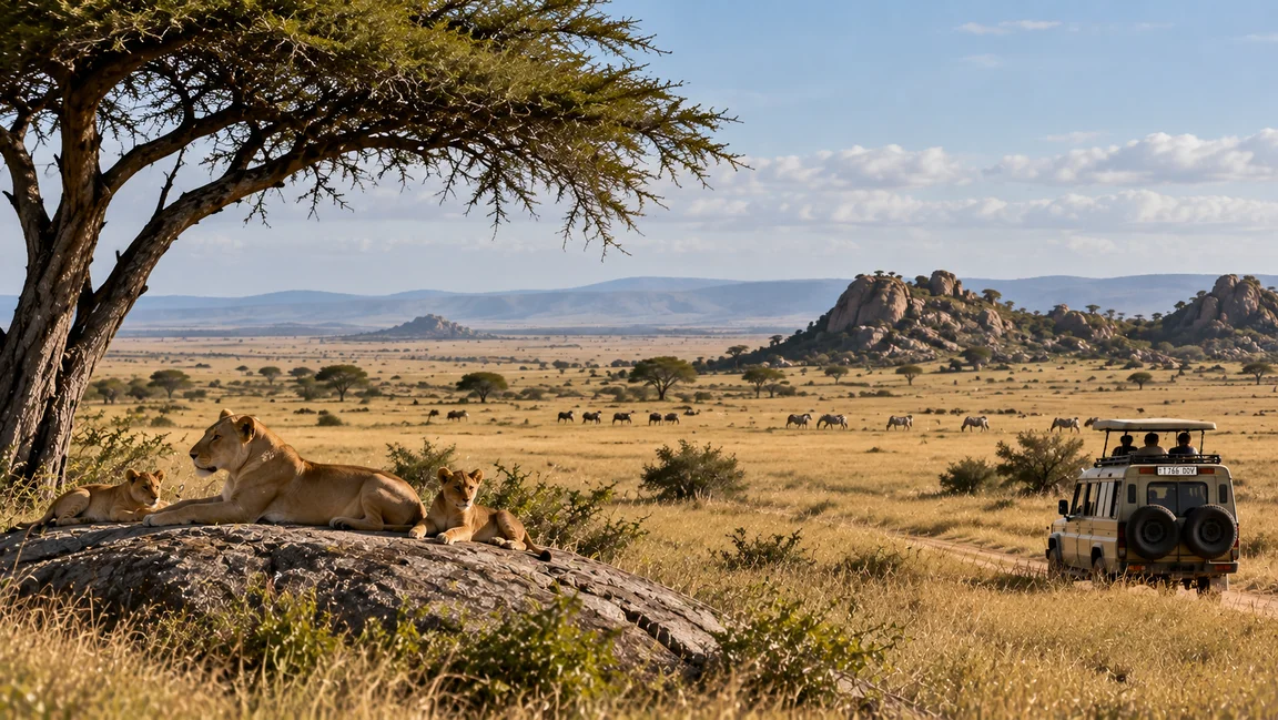 A lioness and cubs on a rock overlooking the savanna.