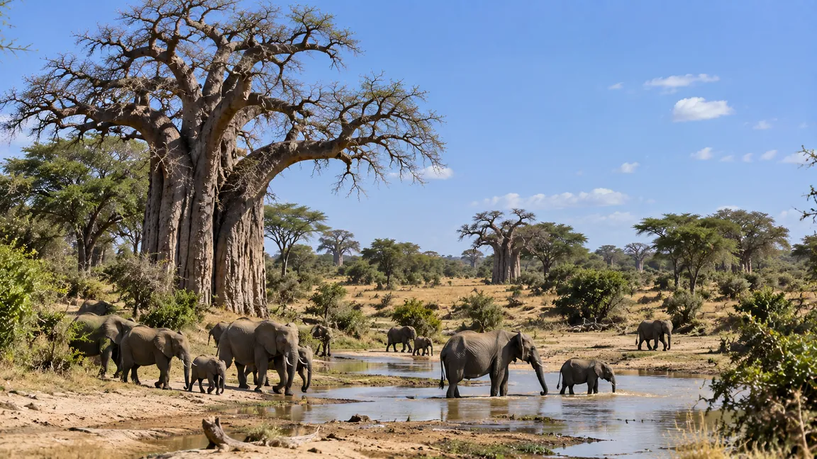AI illustration of elephants at a waterhole beneath baobab trees.